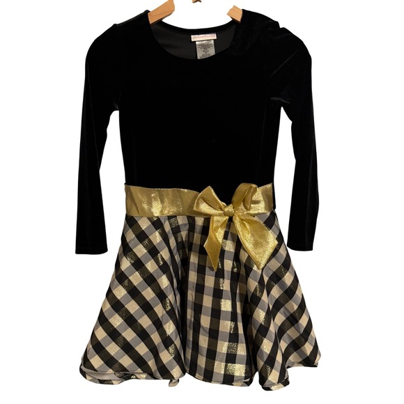 Bonnie Jean Girls Black Velvet Gold Plaid Dress Long Sleeve Party Holiday Sz 10 - Picture 1 of 8